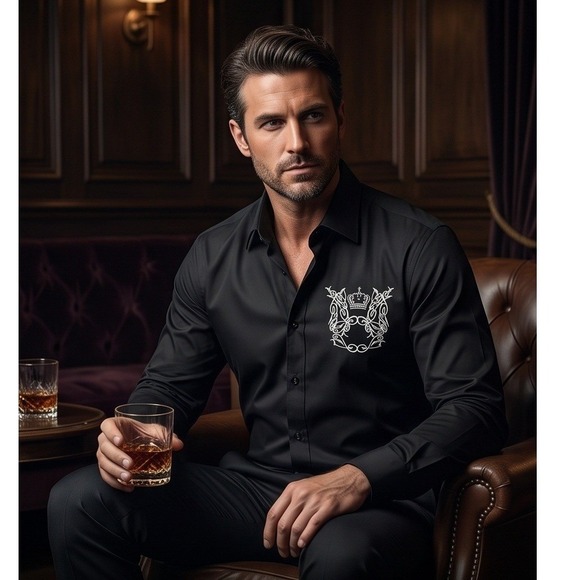 BBC Collection Other - BBC Collection Mens XXXL Black Embroidered Crown‎ Button Down Shirt Long Sleeve